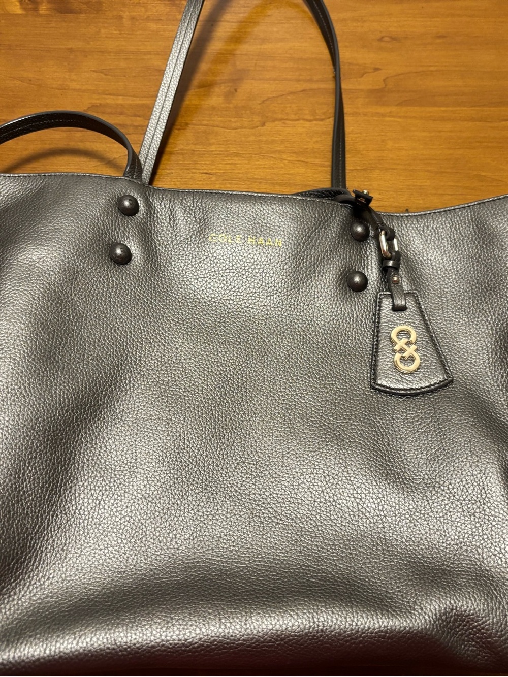 Cole Haan Gray Pebble Leather Tote with Gold Logo Charm